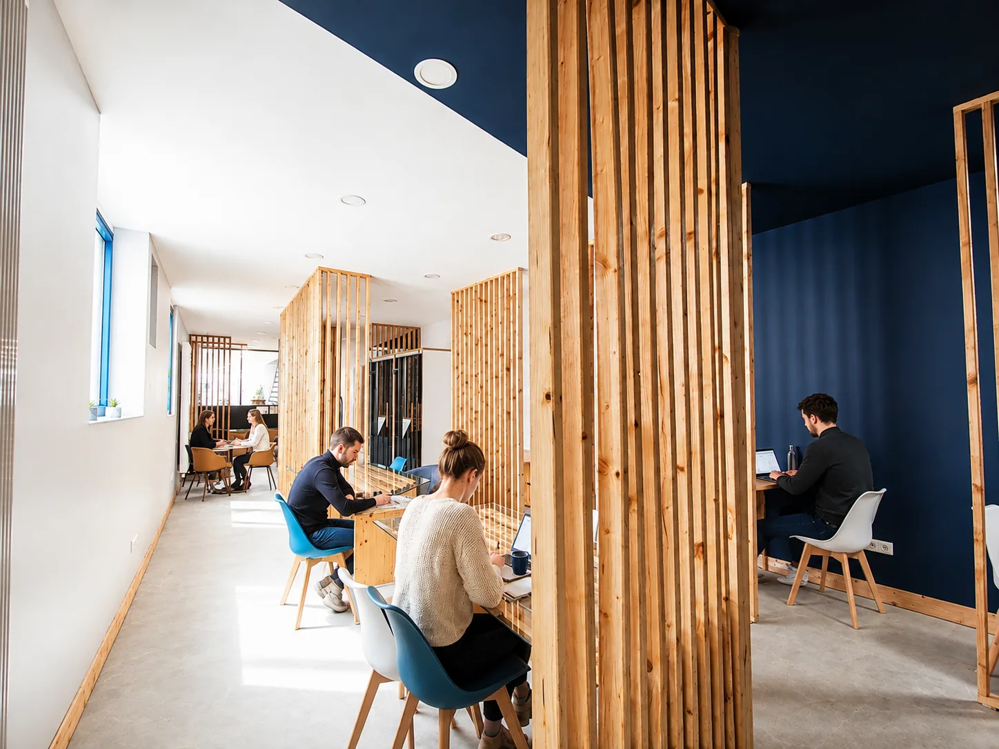 L’espace de coworking AMARYM à Ault, ses bureaux partagés et ses séparations en bois