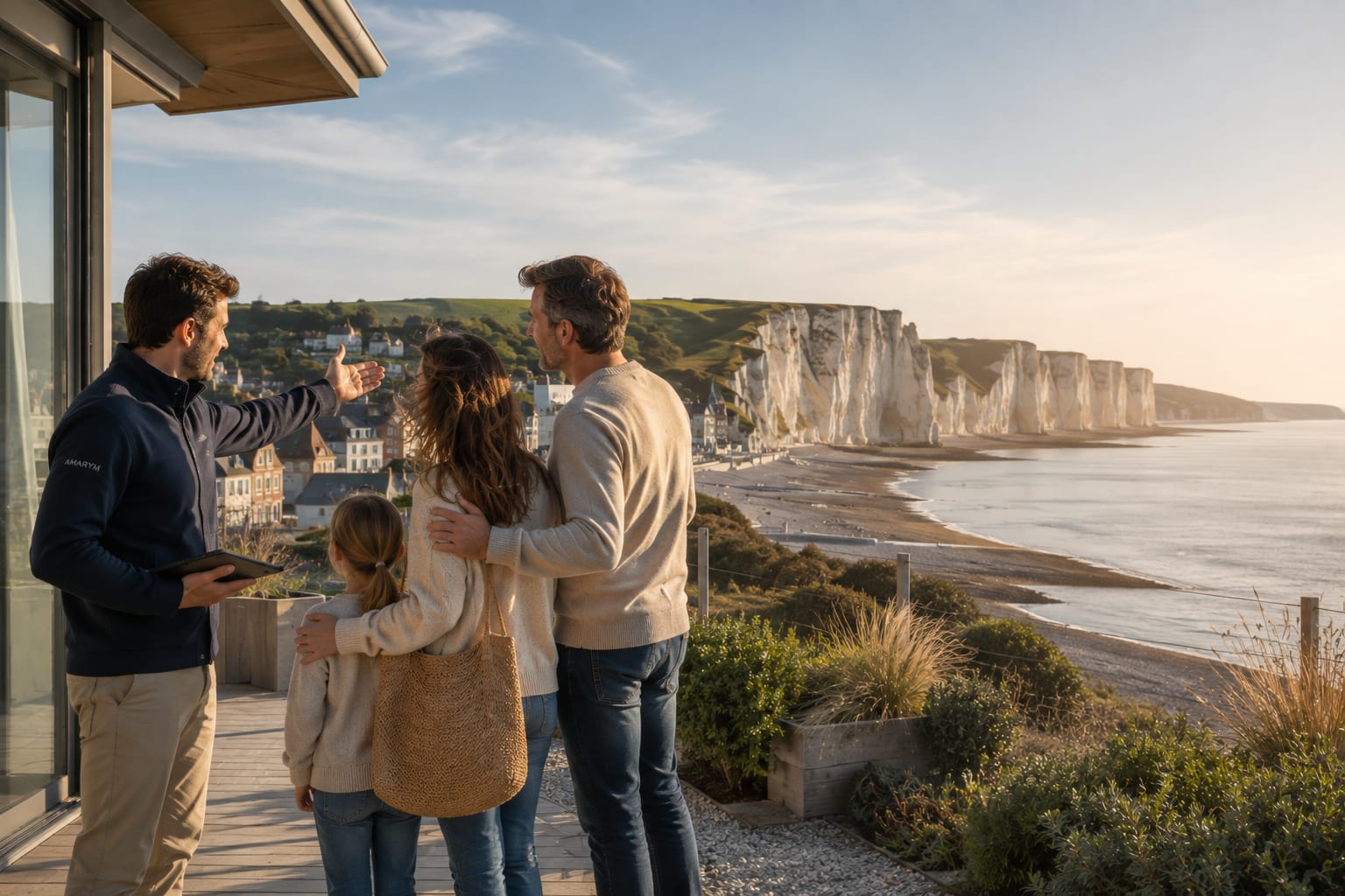 Une famille et un conseiller AMARYM face aux falaises du littoral